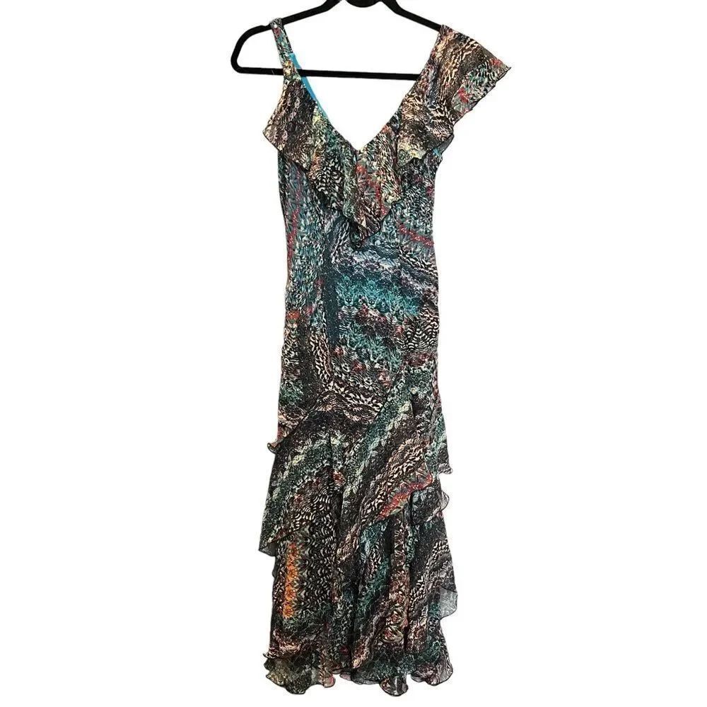 Signature by Robbie Bee Dress Long Cascading Ruffle Size 6 Turquoise/red multi